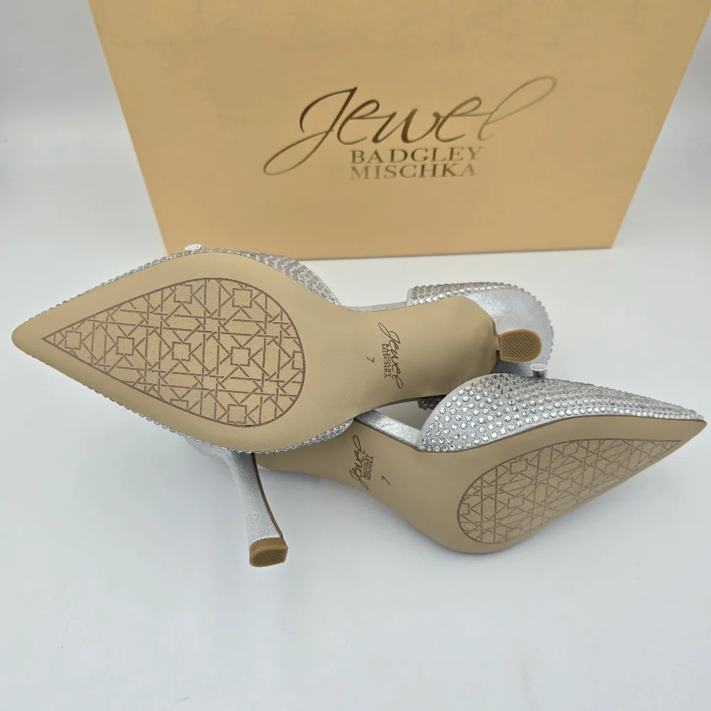 NIB Jewel Badgley Terresa D'Orsay Stiletto Pumps, Silver Textile, Women's Size 7 - Picture 12 of 16
